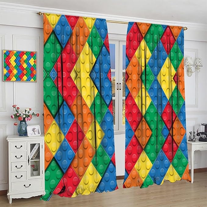 Kids Building Blocks Toy Curtains Boy Girl Room Printed Curtains Abstract Colorful Bricks Children's Nursery Curtains 42x45 Inches 2 Panels（Decor Curtains