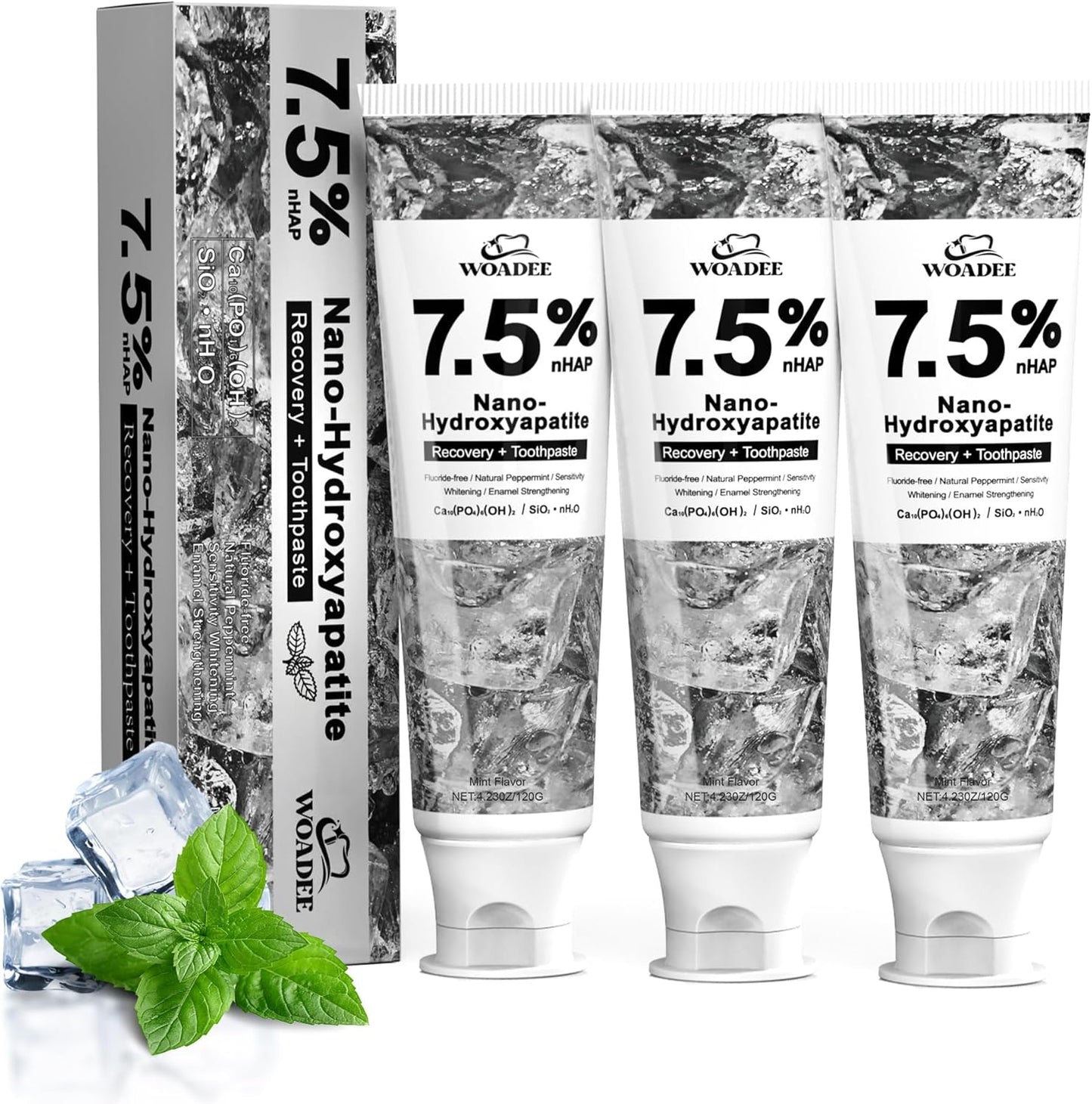 Woadee Hydroxyapatite Toothpaste for Advanced Enamel Protection-Tooth Strengthening, Fluoride-Free Fluoride for Adult, Kids Free Formula with Gentle Mint, Fresh Breath, Reduce Tooth Sensitivity 3pcs