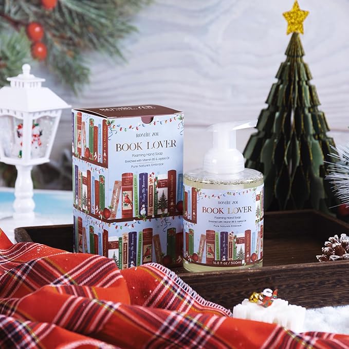 ROMIIE ZOI Christmas Foaming Hand Soap with Gift Box- Book Lover Design, Floral&Fruity Scented- Holiday Soap Gift for Bathroom Winter Home Decor, Stocking Stuffer- 500ml / 16.8oz