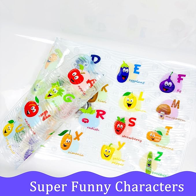 Polyvinyl Chloride (PVC) Bath Mat, Alphabet, Square, XL Size, 35x16 inch, Textured Pattern, Suction Cups - Bath Mats for Tub Kids