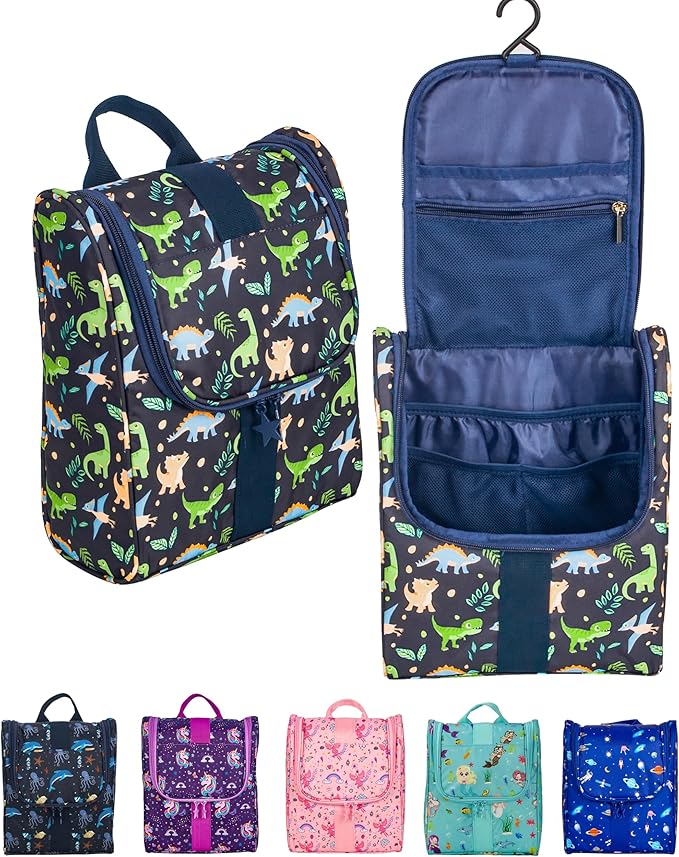 Cute Cartoon Hanging Kids Toiletry Bag Children Travel Cosmetic Makeup Organizer Wash Bag Shower bag Over Night Bag Camping Shaving Kit Bag for Boys & Girls (Dinosaurs)
