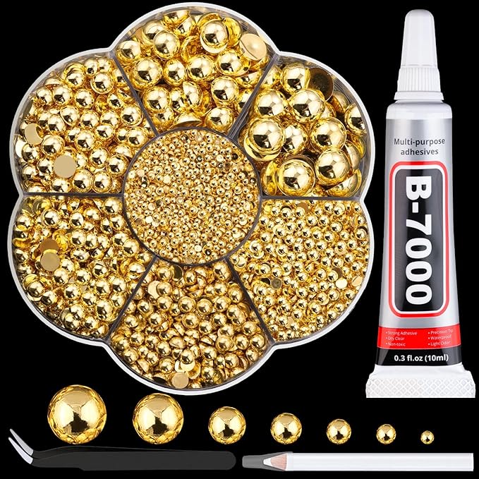 Nail Art Flat Back Half Round Pearl Kits, Mixed Sizes 6000 Pcs with B7000 Jewelry Glue Gold Small Pearls for Nails with Picking Tools for Graduation Cap Decorations Home DIY Body Face Craft Use