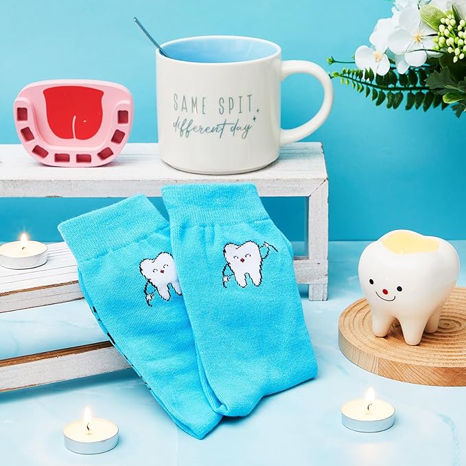 5 Pcs Christmas Dentist Thank You Gift Set for Women Dental Hygienist 15 oz Coffee Mug with Spoon Tooth Shape Candle Holder Planter Socks for Female Healthcare Worker Nurse Gifts