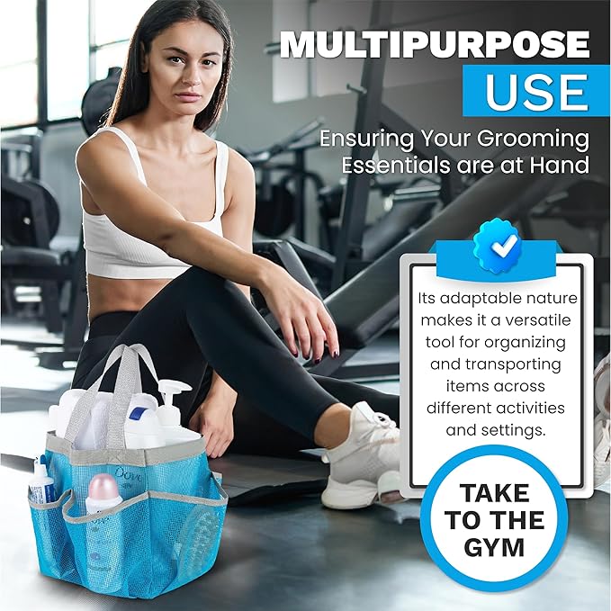 Handy Laundry Mesh Shower Caddy - 7 Pocket Portable Bathroom Organizer Tote for Travel, Gym & Dorm - Collapsible Small Shower Caddy Bag to Hold Toiletries & Essentials (Blue)