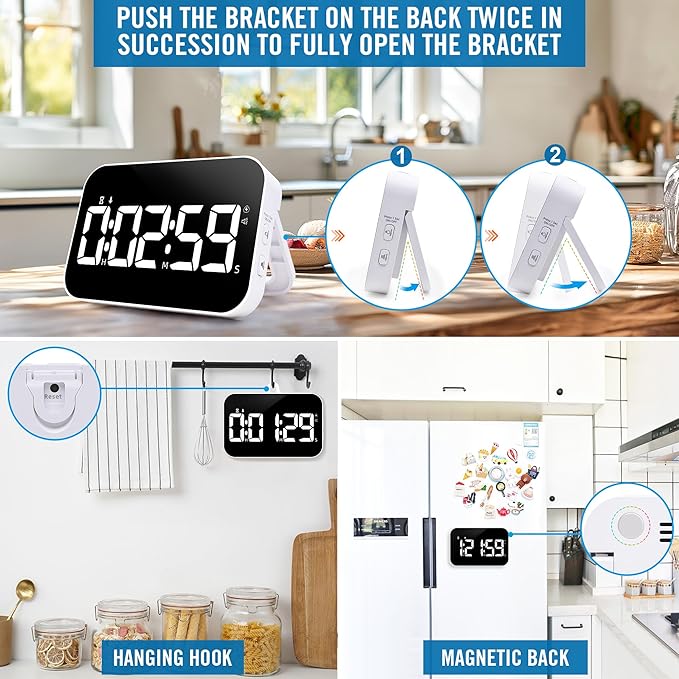 LED Timer（1.5" Number） with Voice Reminder, Digital Magnetic Timer, Countdown/Up, Rechargeabilit, Brightness Display, 3 Volume Levels and Vibration Mode, for Classroom, Study (White)