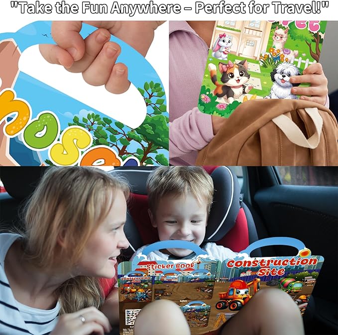 6 Set Reusable Sticker Books for Toddlers 1-3 2-4, Kids 3D Puffy Stickers (Dinosaurs, Forest, Town, Pets, Construction, Insects), Sticker Activity Books