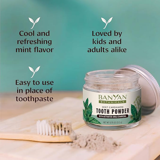 Banyan Botanicals Mint Cardamom Tooth Powder – Ayurvedic Fluoride-Free Toothpaste Alternative with Miswak & Activated Charcoal (from Amla) – 0.75oz, 80+ Uses – Non GMO Sustainably Sourced Vegan