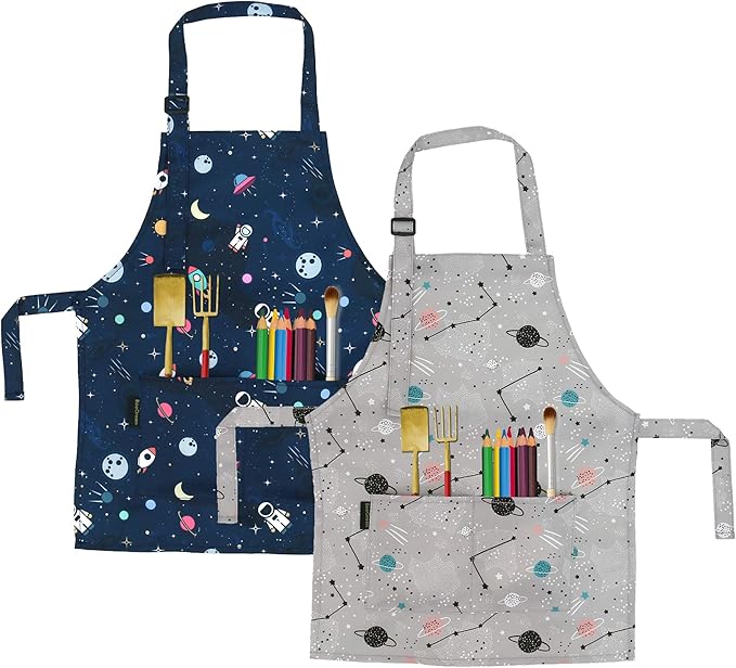 BeeGreen Kids Cooking Aprons w Adjustable Strap Kitchen Aprons w Front Pocket for Kids Toddler Painting Baking Artist