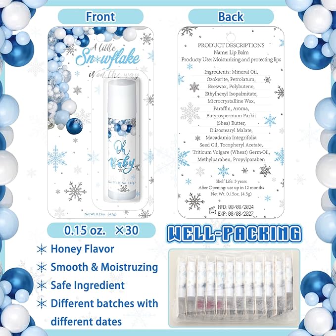 30 Pack a Little Snowflake Baby Shower Games Prizes Party Gifts Bulk Lip Balms Favors for Winners Adults Guests Gender Reveal Favors Decorations Baby Shower Souvenirs Gift Bags Stuffers