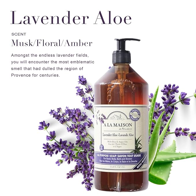 A LA MAISON Lavender Aloe Liquid Hand Soap - Triple French Milled Natural Moisturizing Soap 33.80 Fl Oz (Pack of 2)
