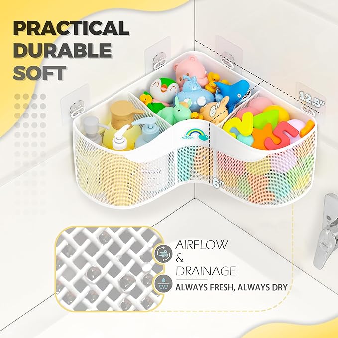3-Compartment Corner Bath Toy Storage Organizer for Tub - Wide-Opening Mesh Kids Bath Toy Holder with Easy Sorting & Storage, Quick-Drying Machine-Washable Bathroom Organizer for Tidy Bathtub