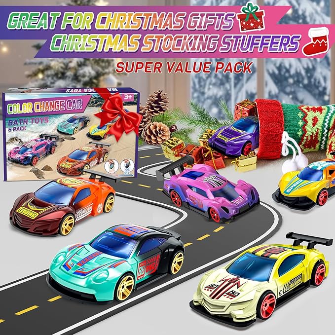 Color Changing Cars Toys Bath Toys for Ages 1-3 4-8 Christmas Stocking Stuffers Gifts for Kids Grandkids Boys Birthday Gifts Race Cars Themed Party Favors Goodie Bag Stuffers Sensory Die-Cast Toys