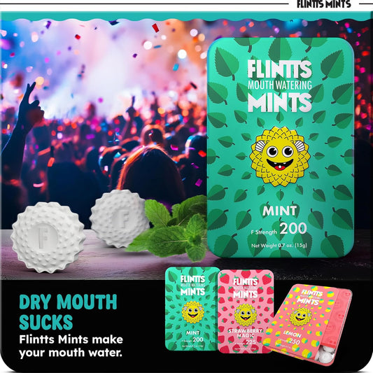 Flintts Mints After Party Pack – Sugar Free Mouthwatering Mints for Dry Mouth Relief & Freshness – Vegan Oral Health Support with Sparkle Effect – Pocket Travel Saliva Substitute, Lozenges Alternative