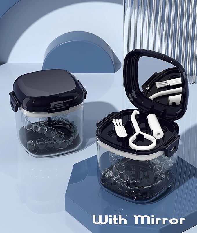 MURRI&MURRDI Retainer Case, Denture Bath Box with Strainer Basket, Mouth Guard Case, Braces Cleaner Cup, Cute Denture Holder Night Guard Storage Soak Container for Travel Cleaning (A Blue)