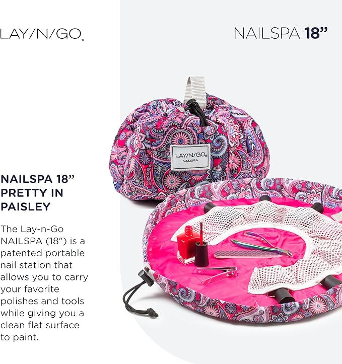 Lay-n-Go NailSpa Drawstring Cosmetic Bag - Portable Nail Supplies Organizer Bag w/ 8 Elastic Mesh Pockets & Circular Center - Durable, Machine Washable Nail Kit Organizer (18", Pink Paisley)