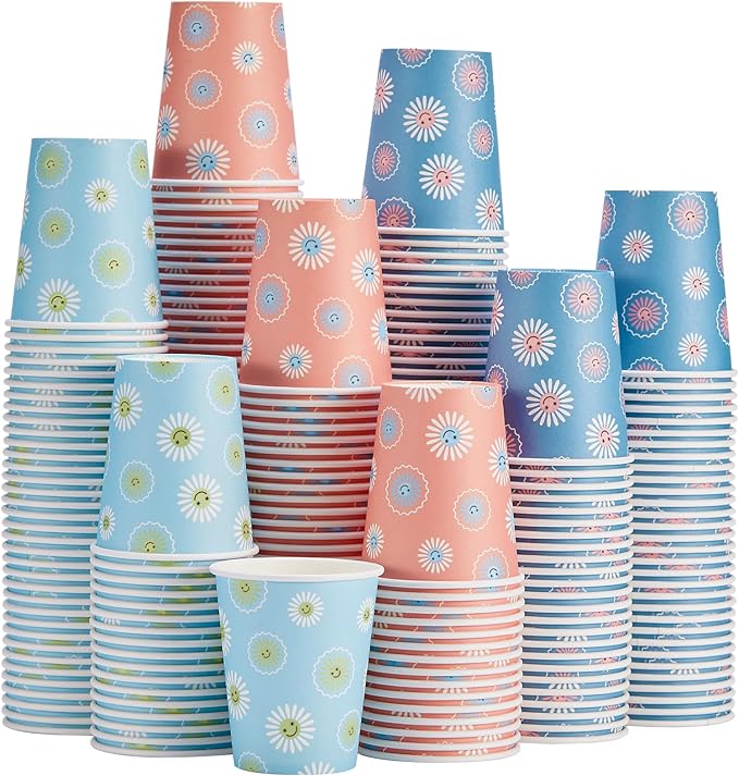 SIUQ 300 Pack Paper Cups 8 oz, Disposable Coffee Cups, Paper Coffee Cups 8 oz, Colourful Hot/Cold Beverage Drinking Cup for Water Juice or Tea, Office Party Home Travel - Daisy