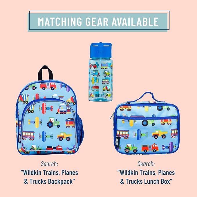 Wildkin Kids 16 Oz Water Bottle – BPA-Free Tritan, Leak-Proof Lid, Durable & Easy to Clean - Trains, Planes & Trucks