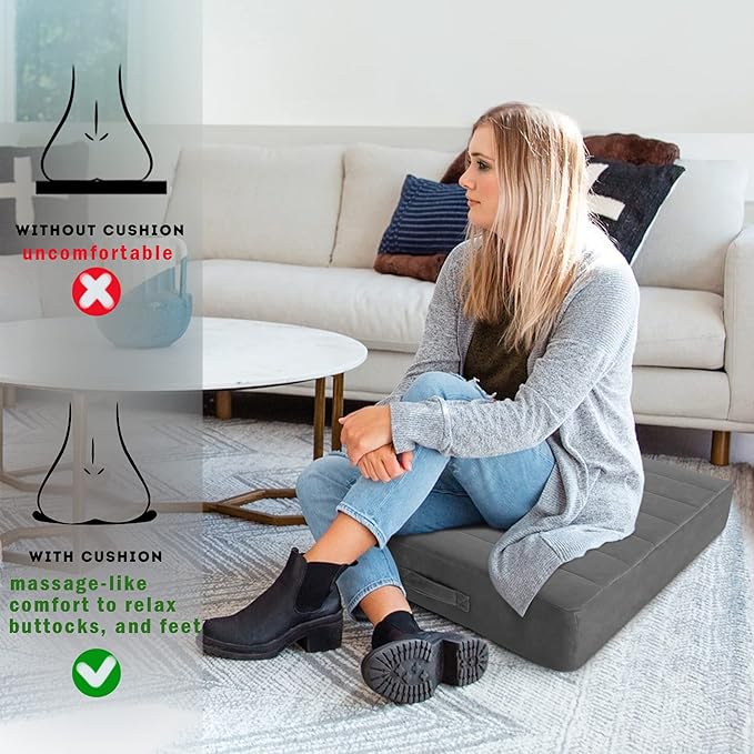 MeMoreCool Square Floor Pillow for Adults and Kids, Large Meditation Cushion with Thick Foam and Washable Tufted Cover, 24-Inch Grey Seat for Sitting and Yoga