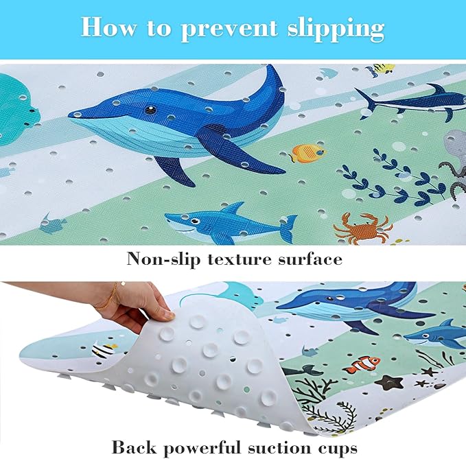 Bath Mat for Tub Non Slip, Machine Washable Anti-Slip Cartoon Baby Bathtub Shower Mat with Drain Holes and Suction Cups for Toddler & Kids (40 Inch x 16 Inch-Rectangular, Blue Dolphine)