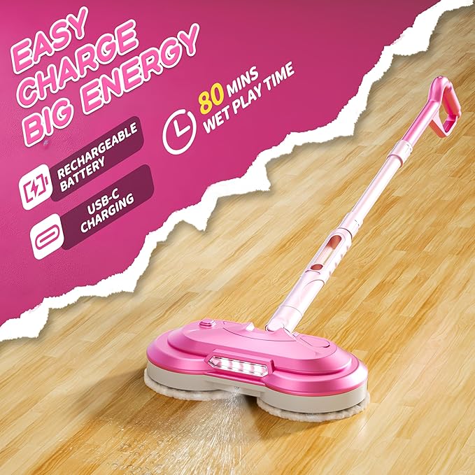 Kids Electric Spin Mop Toy, Rechargeable Cordless Electric Mop W/ Water Sprayer & LED Headlight for Children Ages 3 4 5 6+ Girls & Boys, Cleaning Toy for Pretend Play (Pink)
