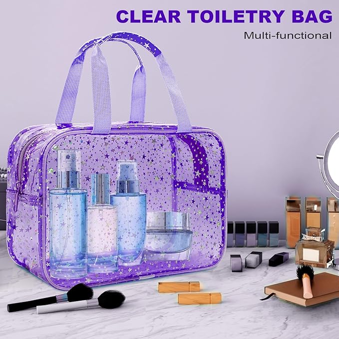 Clear Purple Star Large Makeup Bag with Star Pattern 12x5x8 inch, Travel Cosmetic Bag with Handle, Durable PVC Material Washbag Zipper Opening Design for Makeup Travel Organizer or Gym Use