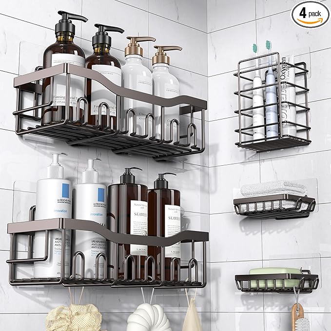 EUDELE 5-Pack Rustproof Stainless Steel Shower Caddy – No Drill Adhesive Bathroom Organizer with Large Capacity, Spacious Shower Shelves for Inside Shower, Kitchen & Home Decor Storage-XL Size