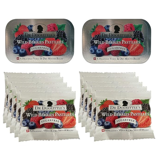 DOOLITTLE Dr Sugar Free Soft Fruit Pastilles for Voice and Throat, Wild Berries Flavor, Multipack of 2.12 Ounce Tin, 2 Pack and .33 Ounce Travel Size Bag, 10 Pack