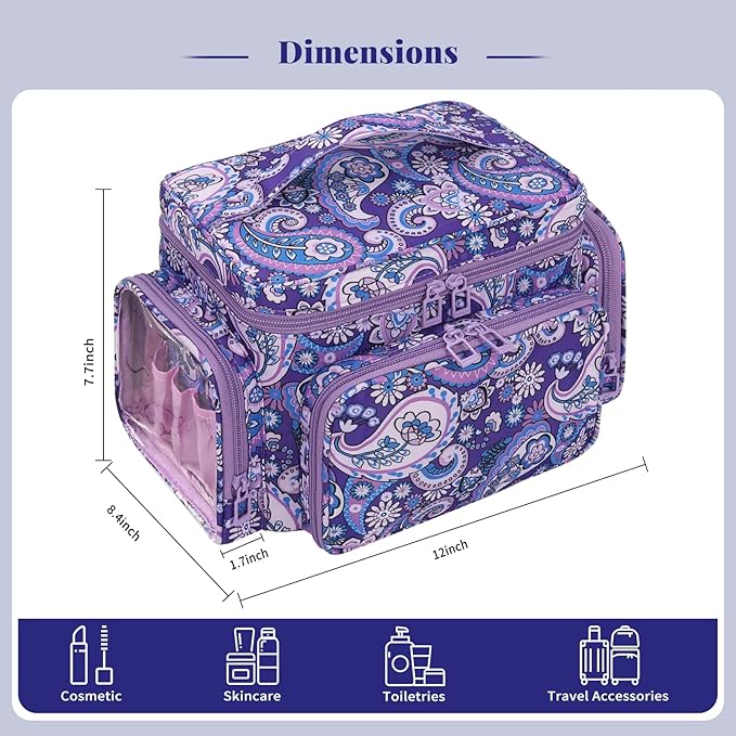 Large Makeup Bag, Portable Travel Makeup Bag Organizer for Women Girls with Makeup Brush Compartment & Two Side Pockets, Cosmetic Travel Bag Vertical Storage Toiletry - Purple