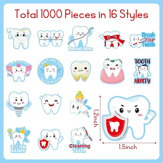 CJiangpo 1000Pcs Tooth Roll Stickers, Funny Dental Tooth Fairy Sticker Decals for Laptop Water Bottle Scrapbook DIY Crafts, Baby Shower Birthday Party Decoration Gift for Boy Girl