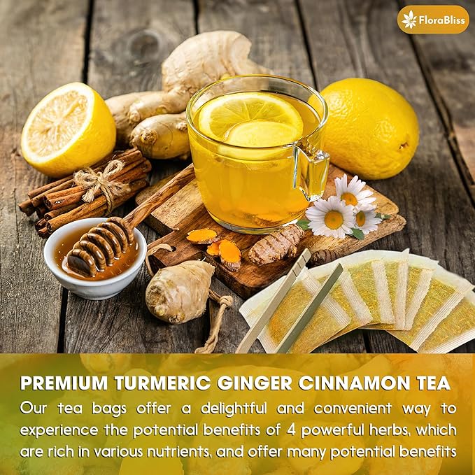 FloraBliss 50 Bags Premium Turmeric Ginger Cinnamon Tea with Upgraded Chamomile, Extra Strength 2.2g/Bag, 100% Natural, Caffeine-Free, Vegan, Eco-Friendly, Supports Digestion, Relaxation