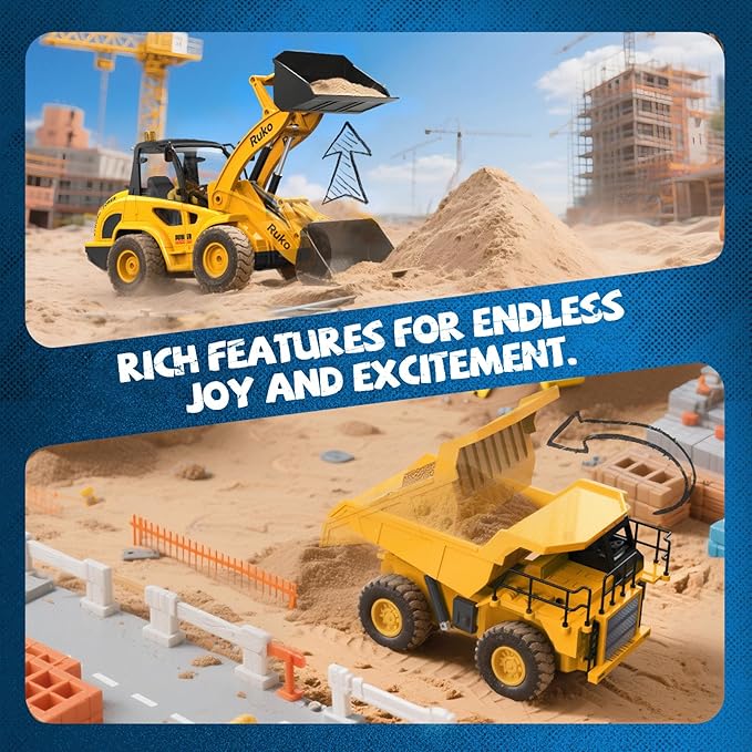 Ruko 1560 Construction Toy Set, Remote Control Dump Truck and Front Loader, 9 Channel RC Vehicles with Realistic Lights for Outdoor Sandbox Play, Gifts for Kids