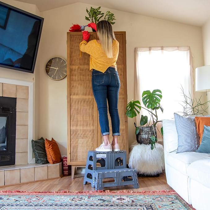 Bee Neat Folding 2 Step Stool for Adults, Kids, Toddlers - Collapsible & Foldable Step Ladder for Kitchen, Bathroom or Bedroom - Non-Slip & Wide Stepping Stool Supports 200lbs - Gray