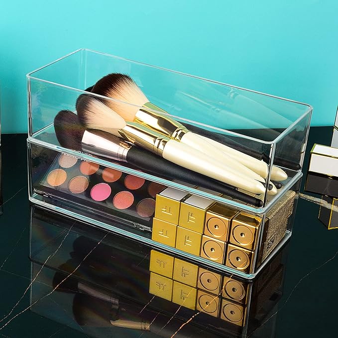 JessLab Acrylic Organizers, Bathroom Organizer for Drawer, 4-Pack Cosmetic Display Cases for Vanity, Countertop, Desk, Kitchen, and Makeup Storage, 1-Section