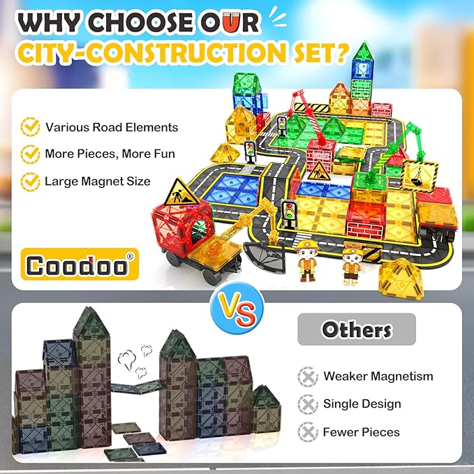 Coodoo 100 PCS Magnetic Tiles Road Set with 3 Cranes & 2 Cars - Magnetic Blocks City Construction Building Toys for 3+ Year Old Boys Girls Ideal Preschool Learning Outdoor Creative Toddler Kids Toys