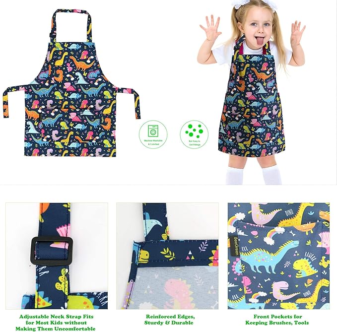BeeGreen Kids Cooking Aprons w Adjustable Strap Kitchen Aprons w Front Pocket for Kids Toddler Painting Baking Artist