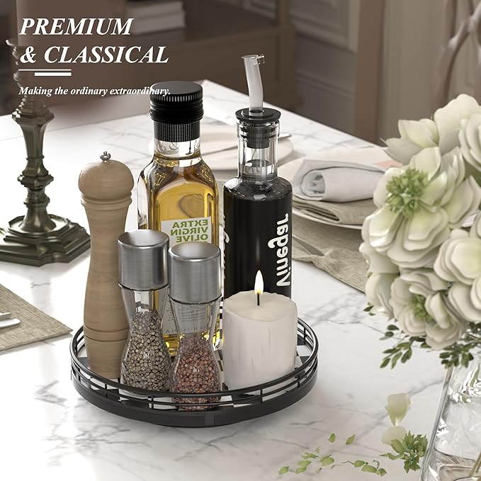 Black and White Kitchen Lazy Susan Turntable – Checkered Round Decorative Tray, 9" Table Top Oak Wood Lazy Susan for Cookies, Dining Table Organizer, Small Kitchen Table Centerpiece