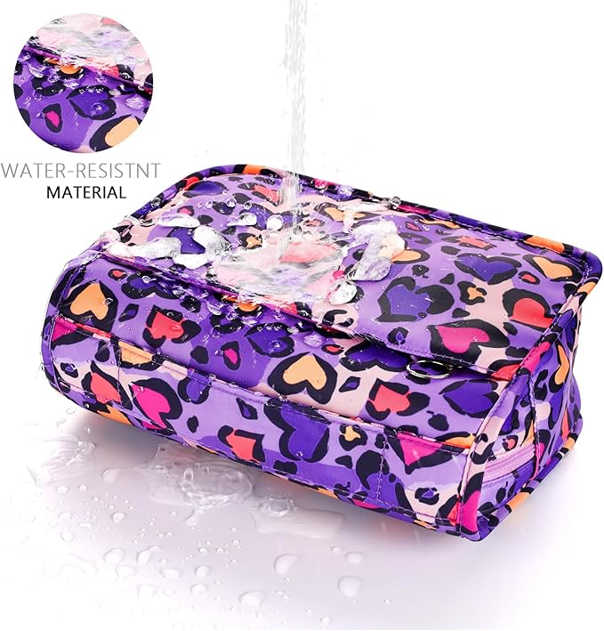 Kids Hanging Toiletry Bag for Girls, Travel Toiletry Bag for Little Young Girls Cosmetic Makeup Waterproof Wash Bag Toddler Traveling Toiletries, Leopard Purple
