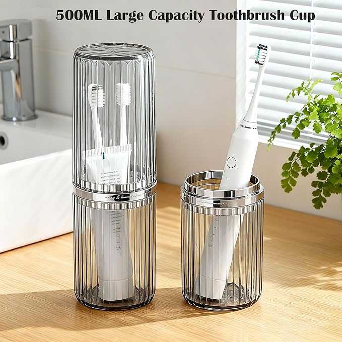 Travel Toothbrush Holders, 2-in-1 Multifunction Dustproof Portable Toothbrush Cup & Toothpaste Storage Container, Toothbrush Case for Traveling Bathroom Camping Business Trip School (Clear)