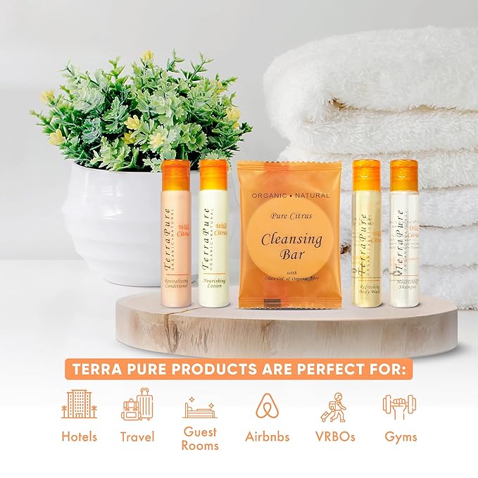 Terra Pure Wild Citrus Hotel Amenities Set | 1-Shoppe Amenities Kit | 1oz Shampoo, Conditioner, Body Wash, Lotion, Bar Soap | Travel Size | 300 Pieces
