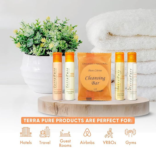 Terra Pure Wild Citrus Hotel Amenities Set | 1-Shoppe Amenities Kit | 1oz Shampoo, Conditioner, Body Wash, Lotion, Bar Soap | Travel Size | 300 Pieces