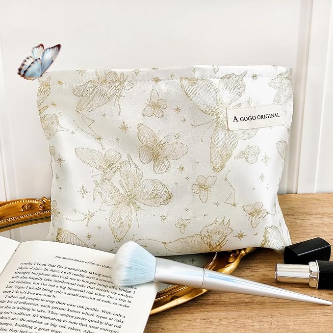 STARDW Aesthetic Floral Makeup Bag Cute Small Cosmetic Bags for Women Girls, Travel Toiletry Bag Large Capacity Zipper Makeup Pouch, Purse Organizer Pouches (Butterfly White)