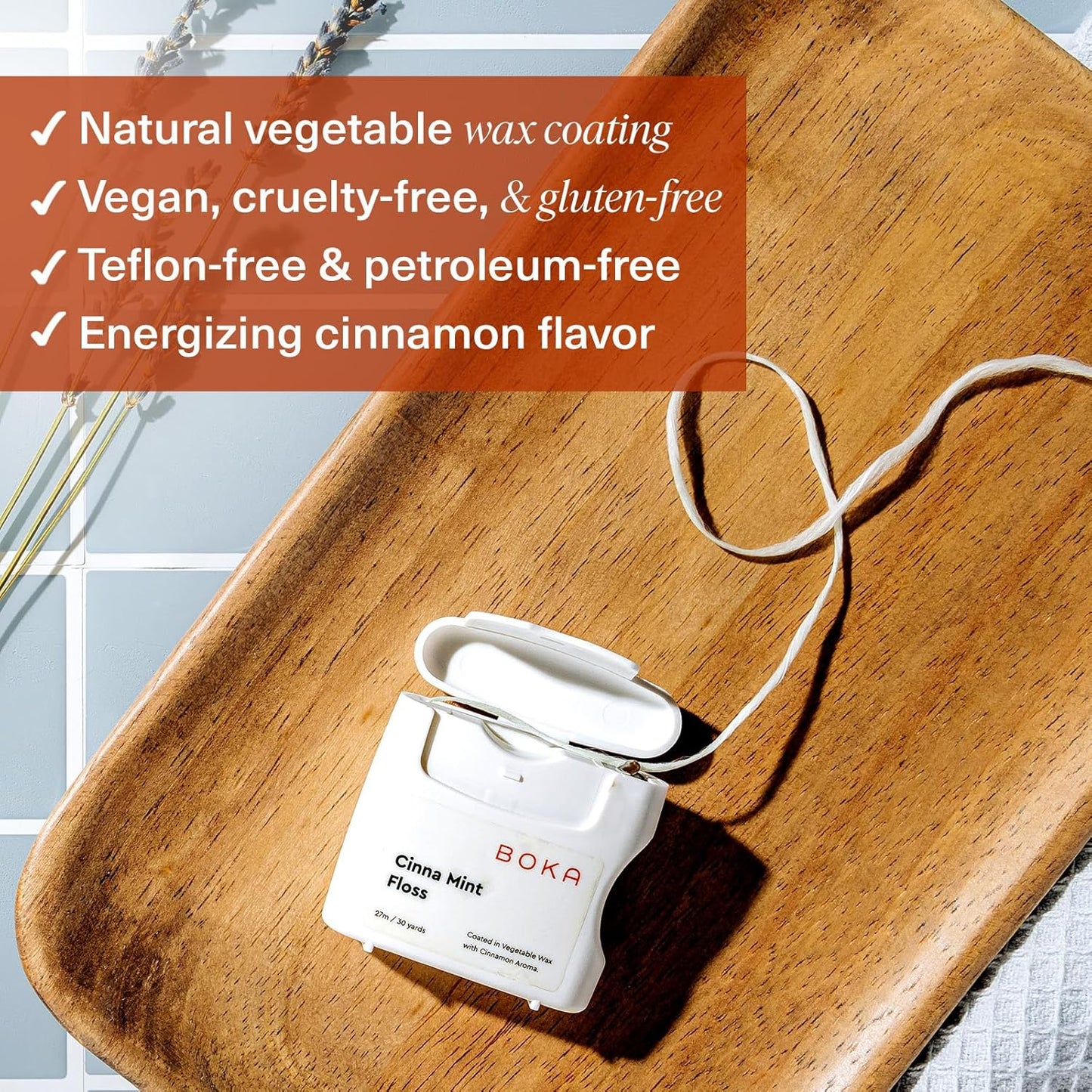 Boka Cinna Mint Woven Dental Floss, Made from Natural Vegetable Wax, Teflon-Free, 30 Yards of Waxed Floss (Pack of 2)