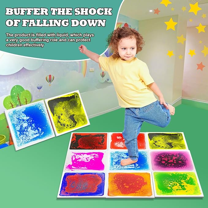 Liquid Sensory Tiles Floor Pads - 6PCS Square Sensory Floor Mats for Kids with Autism