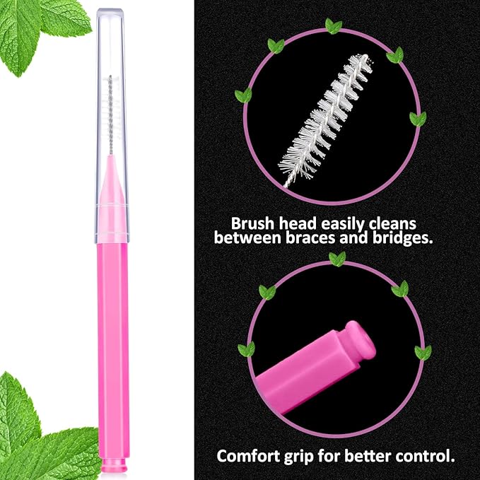 Patelai 100 Pieces Braces Brush for Cleaner Interdental Brush Toothpick Dental Tooth Flossing Head Oral Dental Hygiene Flosser Toothpick Cleaners Tooth Cleaning Tool(Pink,Portable Size)