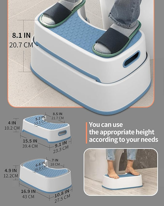 MR.SIGA Toilet Stool Squat Adult, Bathroom Stool Heavy Duty, Anti Slip Toilet Step for Bathroom, Toddler Step Stool for Kids, White & Grayish Blue