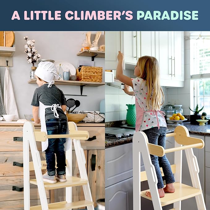 Toddler Tower - CPSC Certified Toddler Chair Tower with 3 Height Adjustable Step Stool, Safety Bar, Screw Covers - Montessori Stool for Sink, Kids Standing