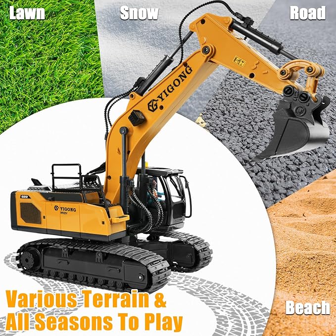 Remote Control Excavator for Boy 6 7 8 9 Years Old, 2.4 GHz Gravity Controlled Excavator Toys with Lights Sound, Rechargeable 11 CH RC Construction Vehicles Metal Shovel, Gifts for Kids 6-12 Year Old