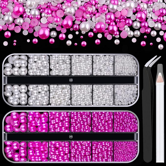 2 Boxes Flat Back Pearls Kit 9 2-8mm Flatback White&Rose Red Half Round Pearls with Pickup Pencil and Tweezer for Home DIY and Nail Art, Face Makeup and Craft