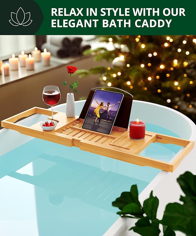 ROYAL CRAFT WOOD Premium Foldable Bathtub Tray Caddy - Wood Bath Tray for Tub, Bamboo Shelf, Expandable Bath Table Trays, Bathtub & Bathroom Accessories for New Home & Mothers, Birthday Gifts for Mom