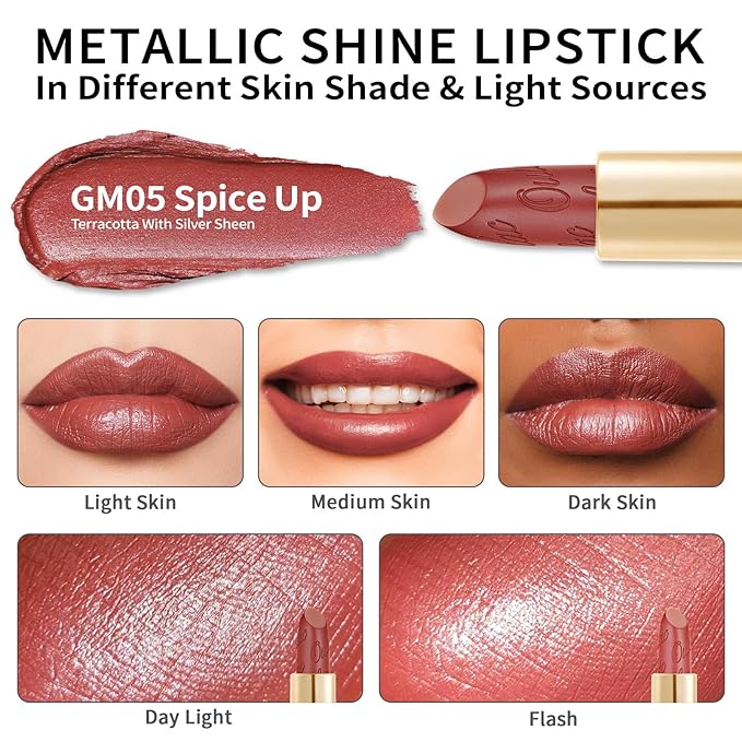 Oulac Matte Terracotta Lipstick with Glow Metallic Finish - Vegan Lipstick for Women, Creamy Texture, Hydrating Clean Beauty Formula, High-End Magnetic Hook Design, GM05 Spice up